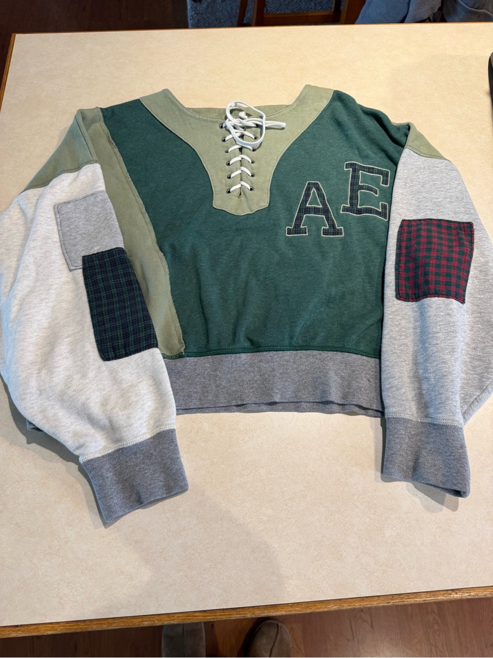 American Eagle Outfitters Green Lace-Up Patchwork Sweatshirt